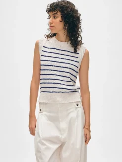 Sale White + Warren cotton slub rib trim tank Ivory/Navy