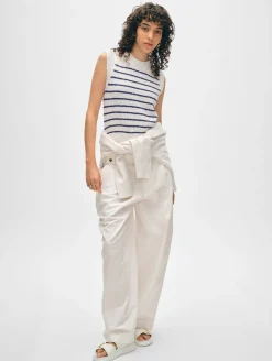 Sale White + Warren cotton slub rib trim tank Ivory/Navy