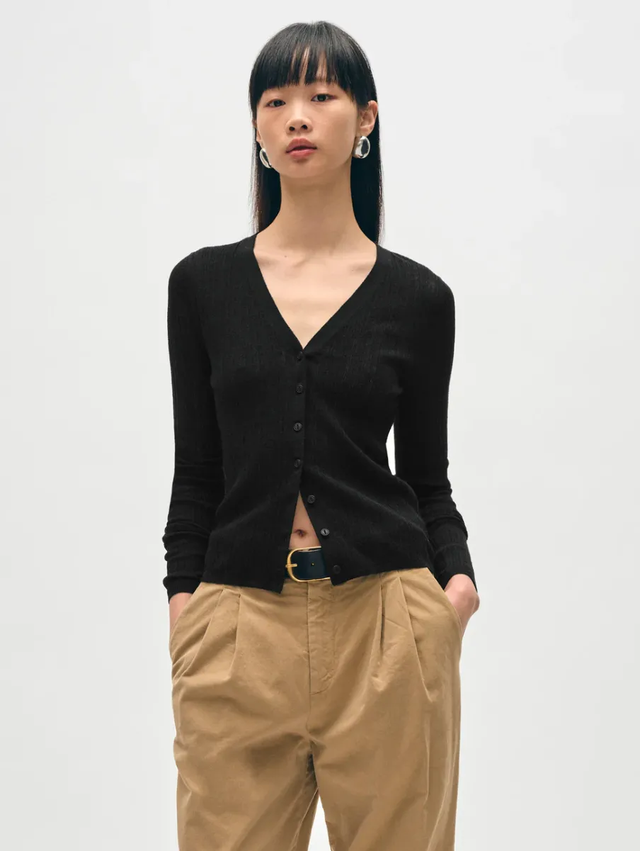 New White + Warren linen gauze ribbed v neck cardigan Black