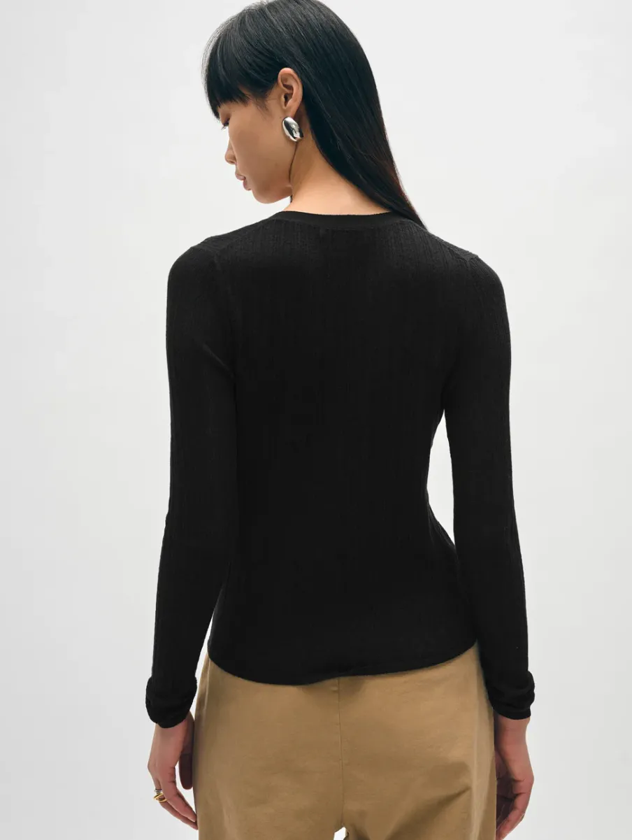 New White + Warren linen gauze ribbed v neck cardigan Black