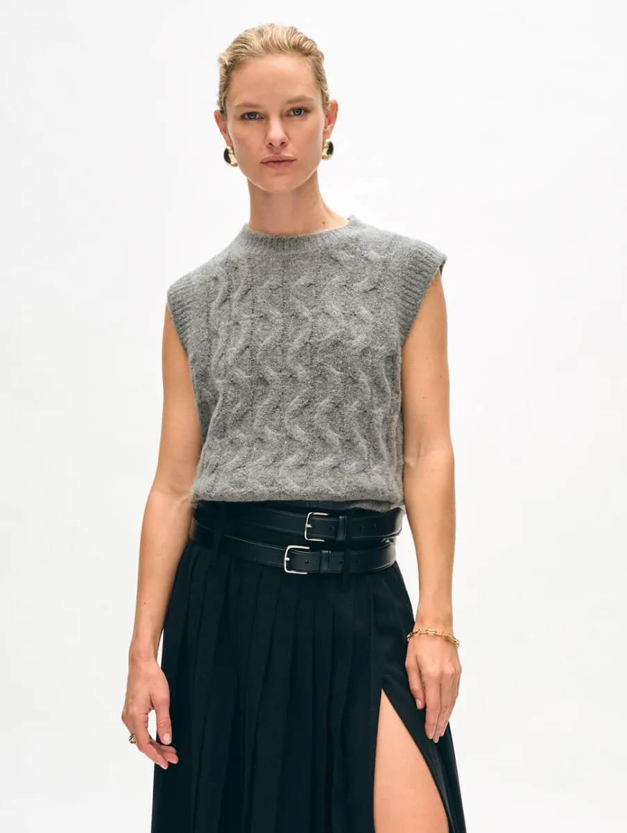 Online White + Warren merino cashmere boucle cable vest PaleSmoke