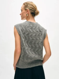 Online White + Warren merino cashmere boucle cable vest PaleSmoke