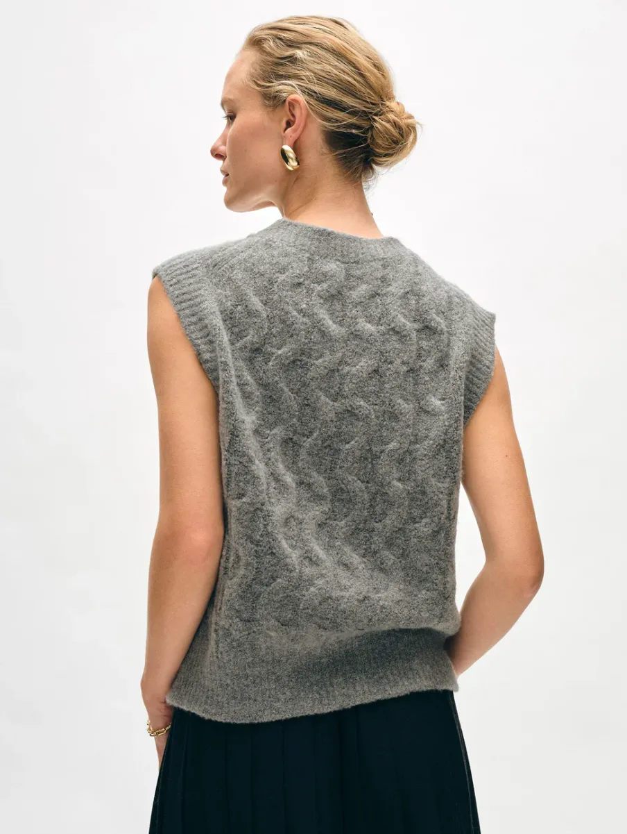 Online White + Warren merino cashmere boucle cable vest PaleSmoke