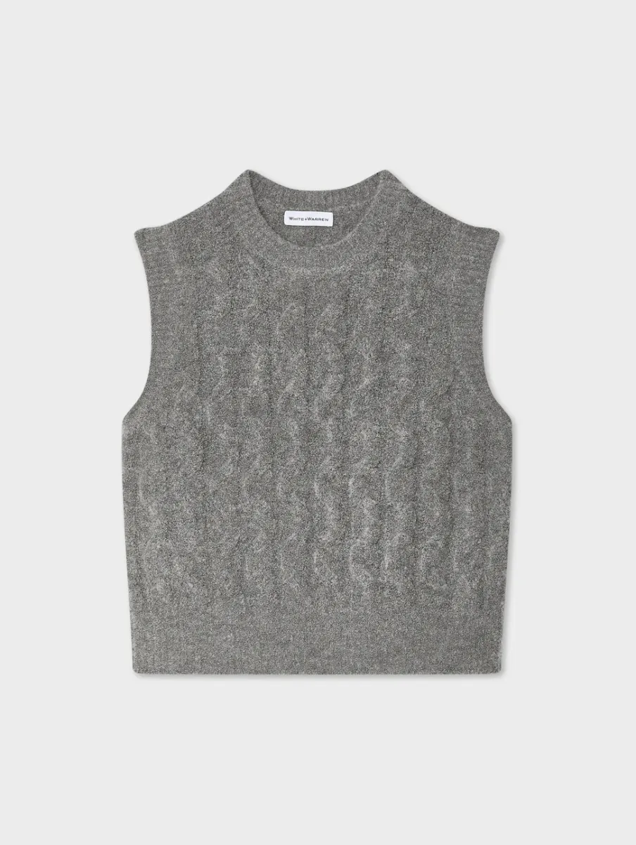 Online White + Warren merino cashmere boucle cable vest PaleSmoke