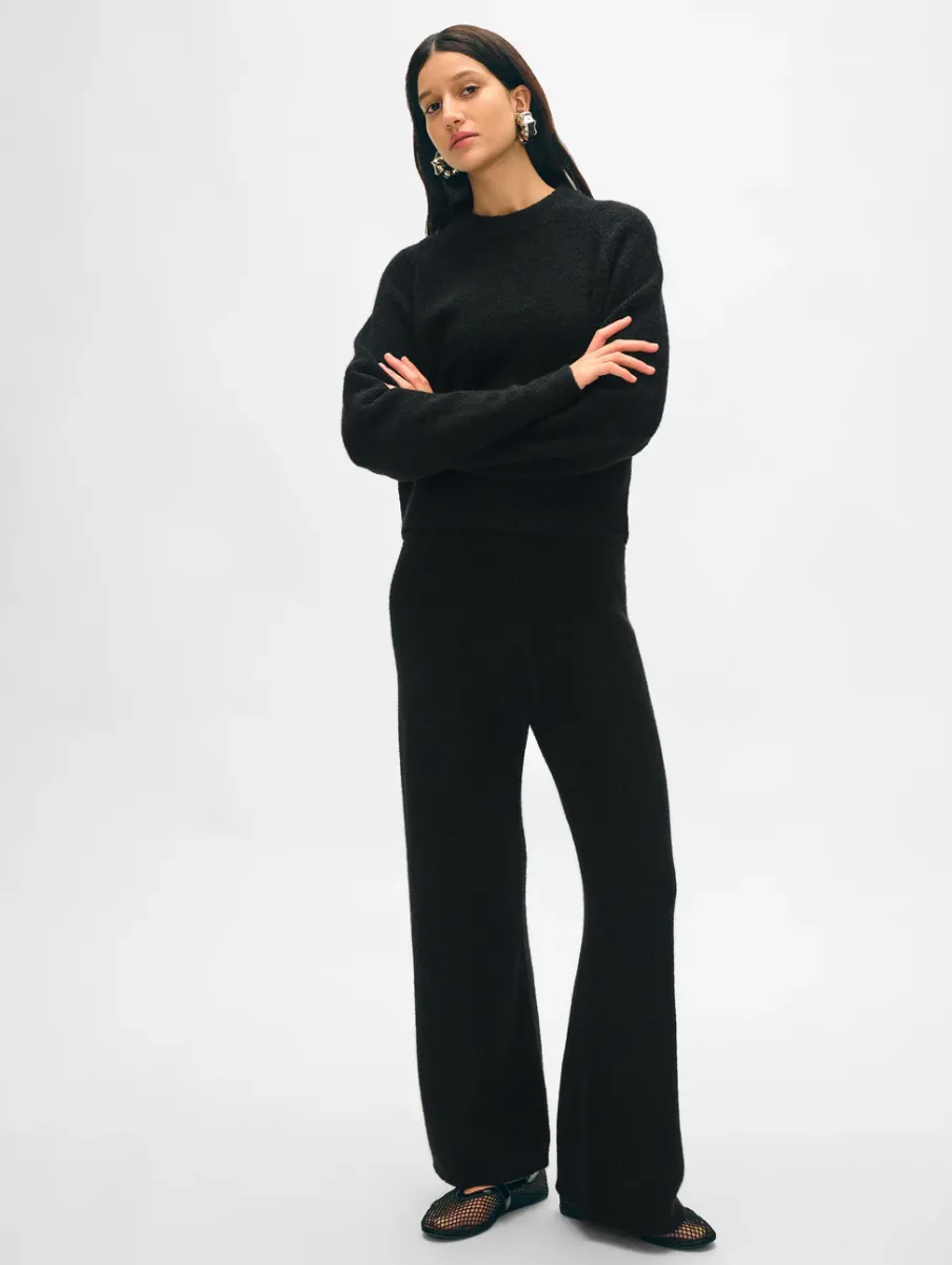 Discount White + Warren merino cashmere boucle wide leg pant Black