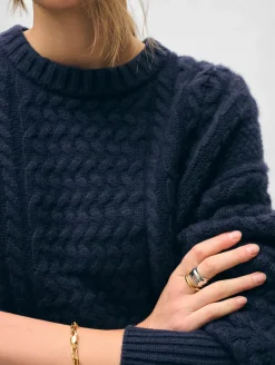 Online White + Warren merino cashmere cable crewneck Navy
