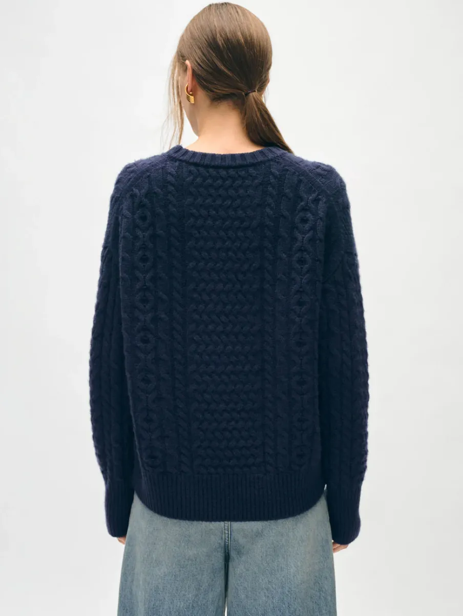 Online White + Warren merino cashmere cable crewneck Navy