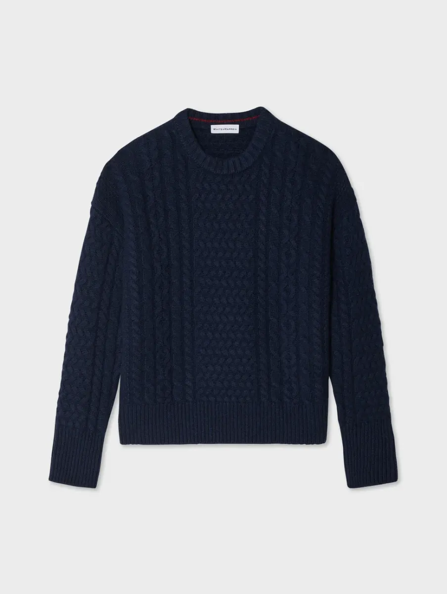Online White + Warren merino cashmere cable crewneck Navy