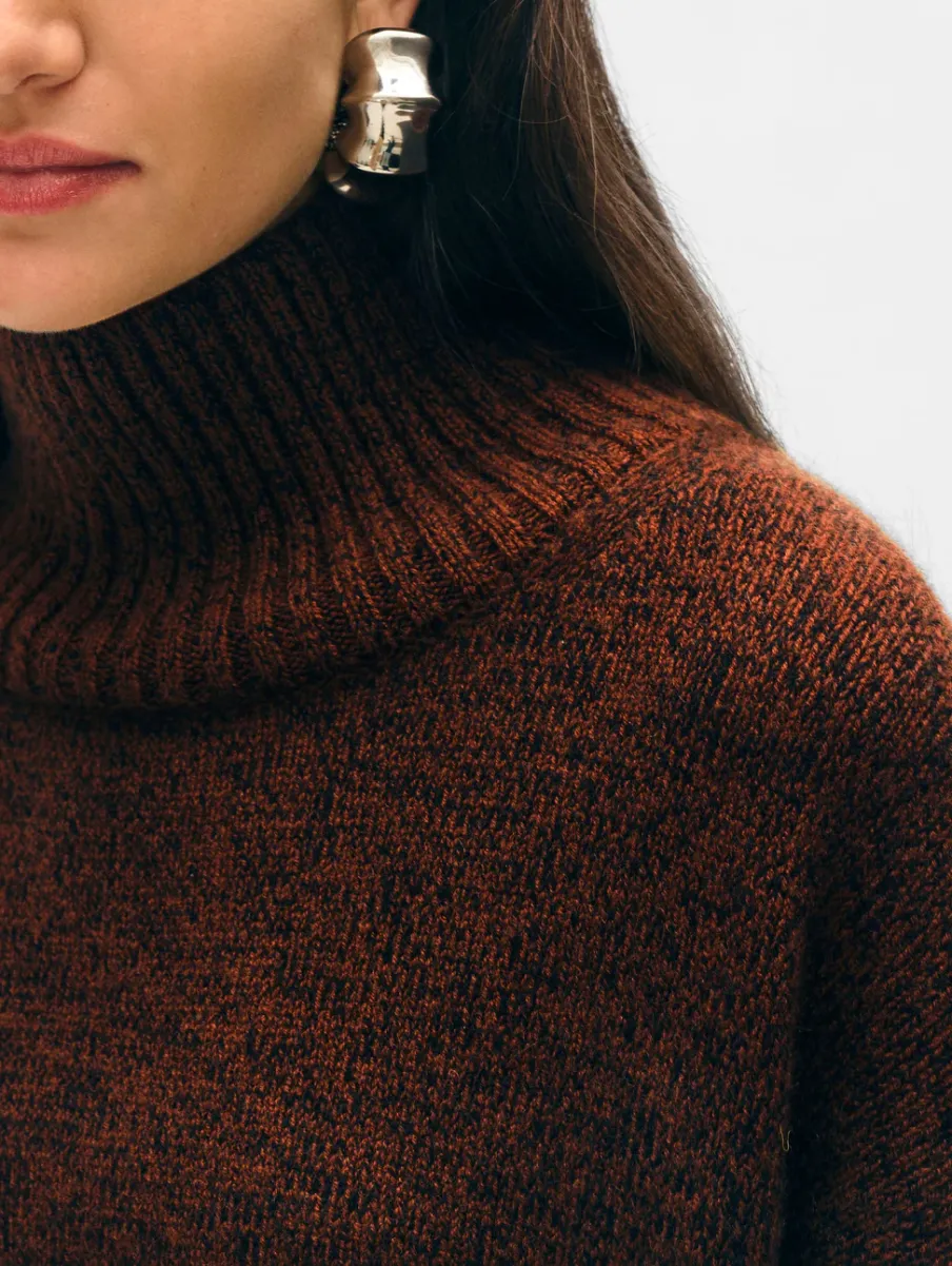 Fashion White + Warren merino cashmere standneck Umber/BlackMarl