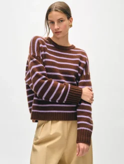 New White + Warren merino cashmere striped crewneck Umber/Iris