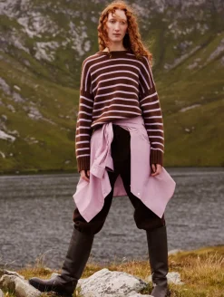 New White + Warren merino cashmere striped crewneck Umber/Iris