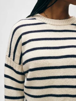 Best White + Warren merino cashmere striped crewneck Ivory/Navy