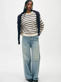 Best White + Warren merino cashmere striped crewneck Ivory/Navy