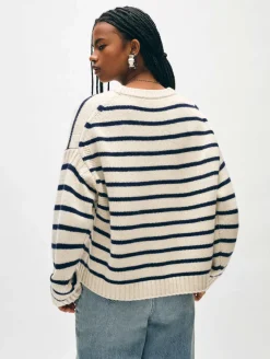 Best White + Warren merino cashmere striped crewneck Ivory/Navy