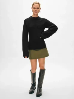 Outlet White + Warren merino cashmere waisted crewneck Black