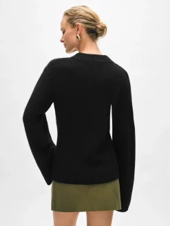 Outlet White + Warren merino cashmere waisted crewneck Black