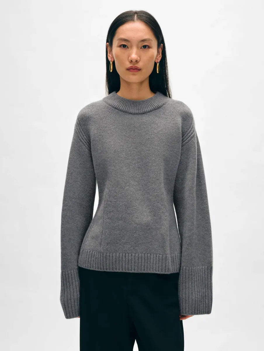 Online White + Warren merino cashmere waisted crewneck PewterHeather