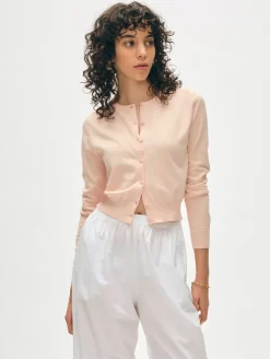New White + Warren organic cotton crewneck cardigan DesertPink