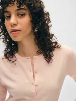 New White + Warren organic cotton crewneck cardigan DesertPink
