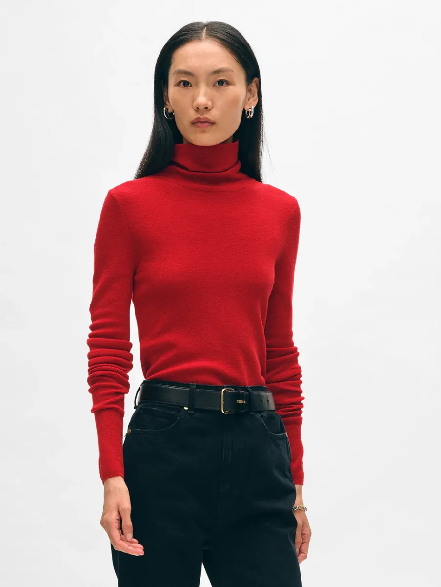 New White + Warren superfine merino fitted turtleneck Scarlet