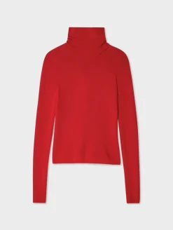 New White + Warren superfine merino fitted turtleneck Scarlet