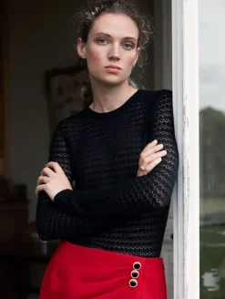 Hot White + Warren superfine merino lace stitch top Black
