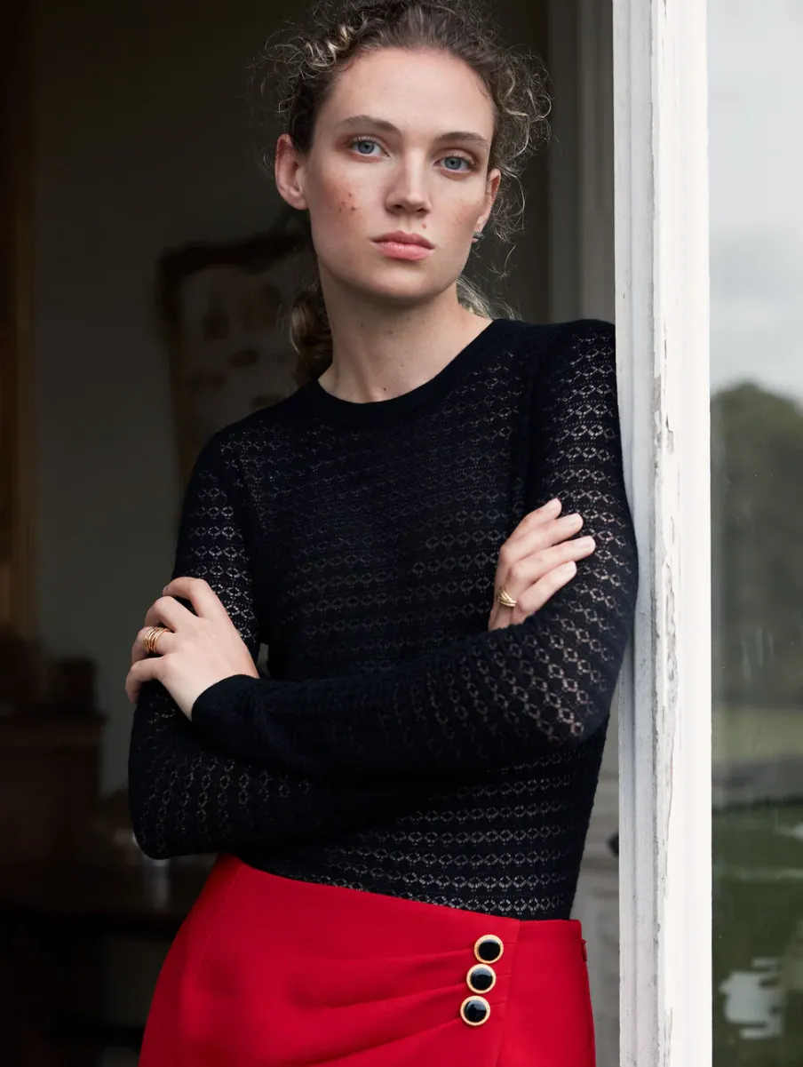 Hot White + Warren superfine merino lace stitch top Black