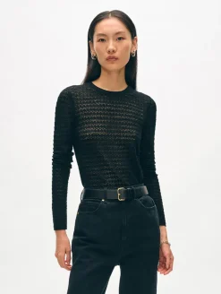 Fashion White + Warren superfine merino lace stitch top Black