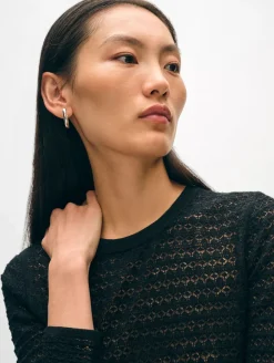 Fashion White + Warren superfine merino lace stitch top Black