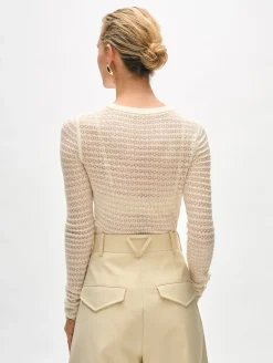 Discount White + Warren superfine merino lace stitch top Ivory