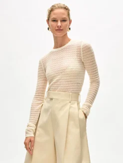 Fashion White + Warren superfine merino lace stitch top Ivory