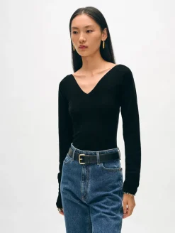 Online White + Warren superfine merino ribbed v neck top Black