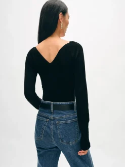 Online White + Warren superfine merino ribbed v neck top Black