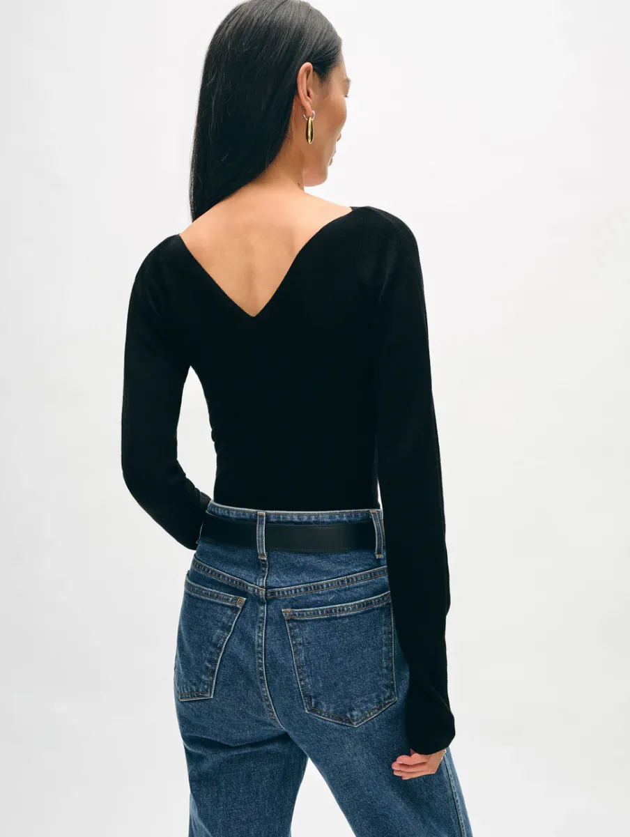 Online White + Warren superfine merino ribbed v neck top Black