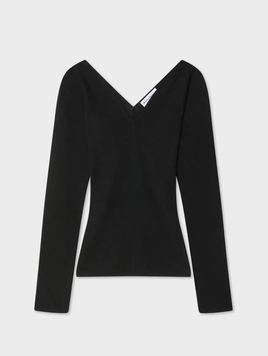 Online White + Warren superfine merino ribbed v neck top Black