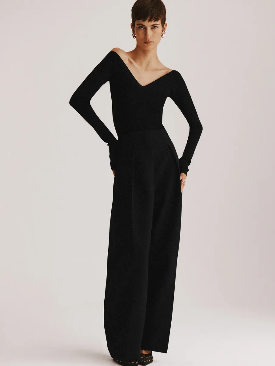 Online White + Warren superfine merino ribbed v neck top Black