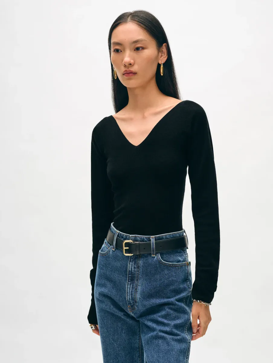 Hot White + Warren superfine merino ribbed v neck top Black