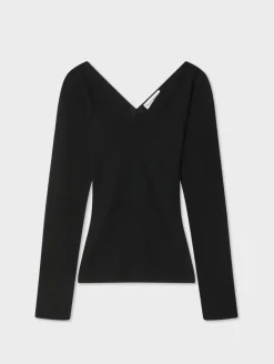 Hot White + Warren superfine merino ribbed v neck top Black